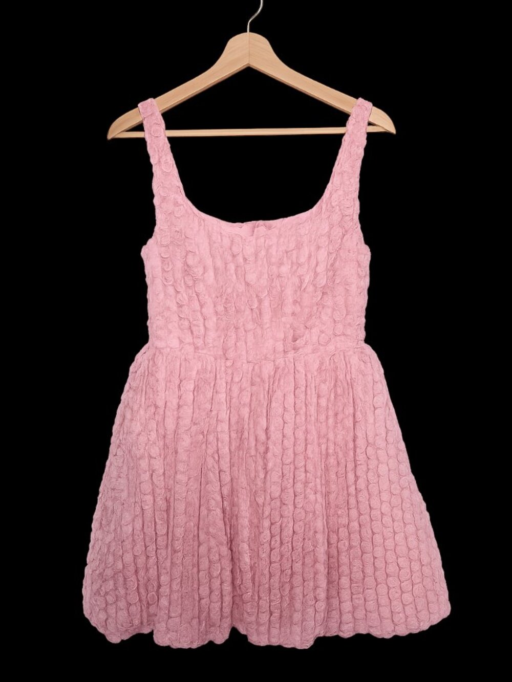 Pink Rosette Textured Fit & Flare Dress Sleeveless Feminine Party Mini - Picture 2 of 8